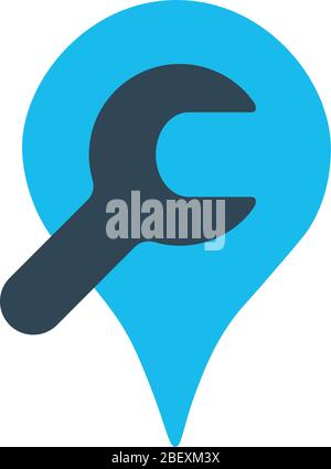 Wrench in the map pin icon or logo. Car service sign, repair map pin symbol. Stock Vector illustration isolated on white background. Stock Vector