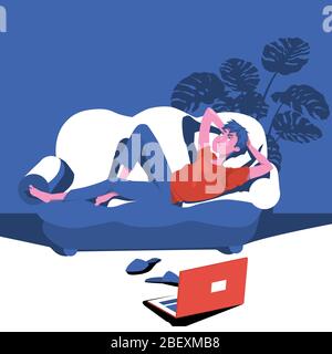 Young man lying on the couch and ponders a problem.  The included laptop near the sofa. Attractive character vector illustration. Stock Vector