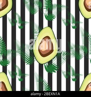 Seamless pattern with avocado and palm leaves and black and white stripes, hand-drawn Stock Vector
