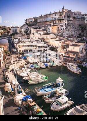 View over the old port of Vallons des Auffes in Marseille, France. Picture taken from top of the Corniche Kennedy. Stock Photo