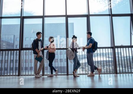 In the teaching building of college students on chat window Stock Photo