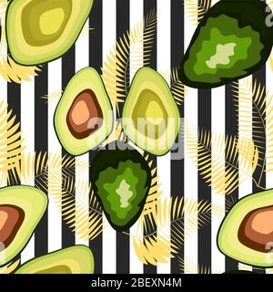 Seamless pattern with tiger stripes and tropical leaves. Pattern with avocado Stock Vector