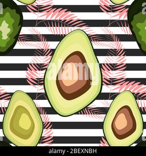 Seamless pattern of avocado fruits with palm leaves on a striped background. Stock Vector