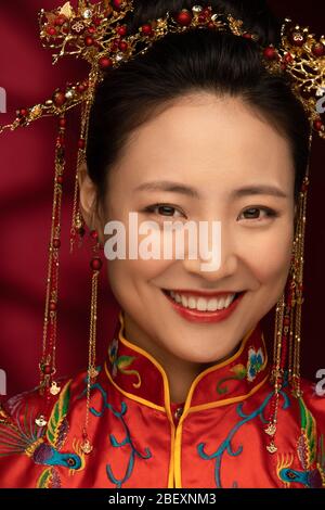 The beautiful Chinese bride makeup face features Stock Photo