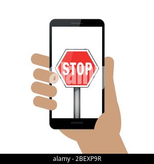 hand hold smartphone cell with stop sign vector illustration EPS10 Stock Vector