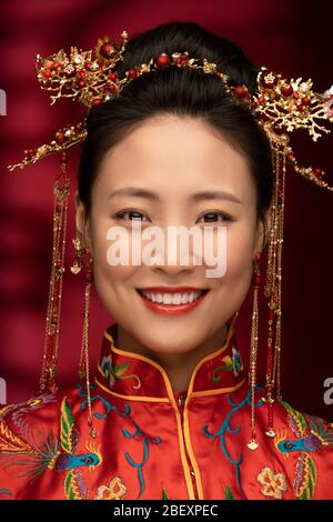 The beautiful Chinese bride makeup face features Stock Photo