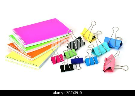 Colorful notepads clip for paper on a white background in the correct geometry Stock Photo