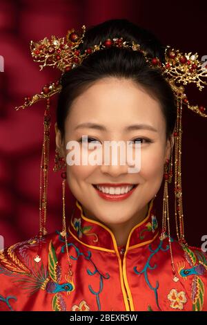 The beautiful Chinese bride makeup face features Stock Photo