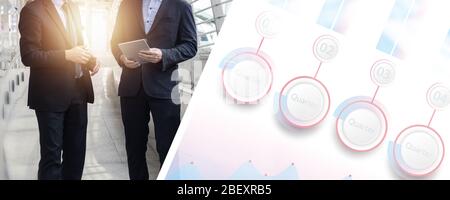 consult and team planing, financial collaboration concept, group of business people in suit looking on finance report in tablet as walking    to offic Stock Photo