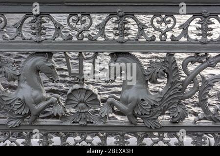 St. Petersburg, openwork cast iron railings of the Blagoveshchensk bridge over the Neva river Stock Photo