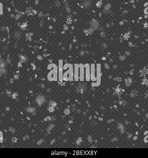 Realistic falling Christmas decoration snowflakes effect isolated on transparent background. Falling snow pattern. Magic white snowfall. EPS 10 Stock Vector