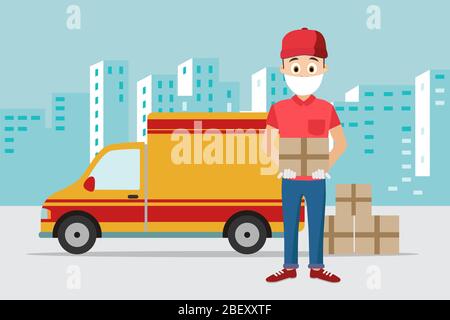 Delivery man with protective mask and gloves holding package box. Courier in front of a delivery truck and city skyline in background Stock Vector