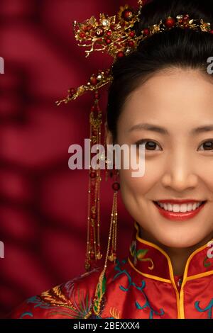 The beautiful Chinese bride makeup face features Stock Photo