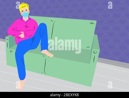 Cartoon man sitting on sofa wearing protective mask against virus. Vector illustration stay at home concept. Stock Vector