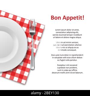 Restaurant menu with plate and cutlery set on napkin isolated on white. Restaurant realistic advertisement banner or poster. vector illustration Stock Vector
