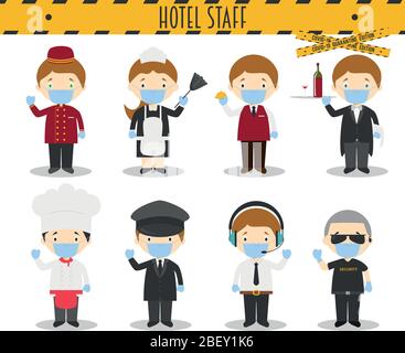 Covid 19 Health Emergency Special Edition: Vector Set of Hotel Staff Professions with surgical masks and latex gloves in cartoon style Stock Vector