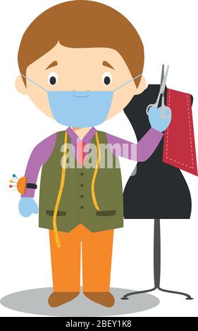Cute cartoon vector illustration of a tailor with surgical mask and latex gloves as protection against a health emergency Stock Vector