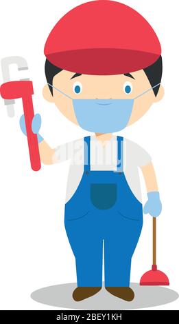 Cute cartoon vector illustration of a plumber with surgical mask and latex gloves as protection against a health emergency Stock Vector