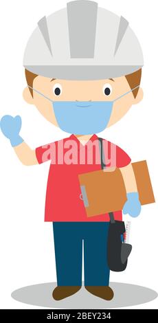 Cute cartoon vector illustration of an engineer with surgical mask and latex gloves as protection against a health emergency Stock Vector