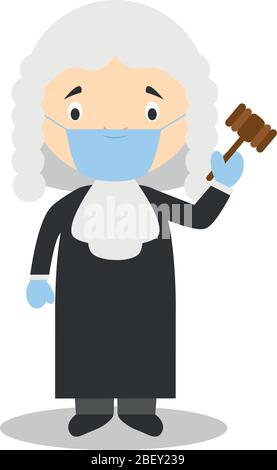Cute cartoon vector illustration of a judge with surgical mask and latex gloves as protection against a health emergency Stock Vector
