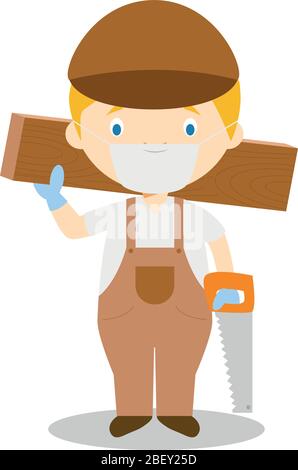 Cute cartoon vector illustration of a carpenter with surgical mask and latex gloves as protection against a health emergency Stock Vector