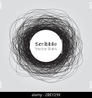 Abstract scribble sketch vector stain design with rounded pencil line strokes arranged in messy spiral pattern around a solid white circle on white ba Stock Vector