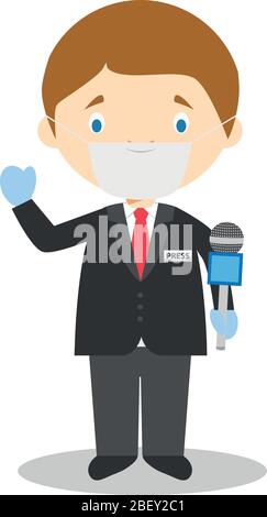 Cute cartoon vector illustration of a journalist with surgical mask and latex gloves as protection against a health emergency Stock Vector