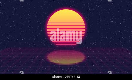 Simple Synthwave Sunset background. Retro Future sci-fi backdrop. Laser perspective Grid with Neon glow. 80s movie and outrun game style. Abstract Ret Stock Photo