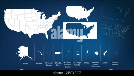 Map of The United States of America USA with territories and Islands. Different map variations for your design. Stock Vector illustration isolated on Stock Vector