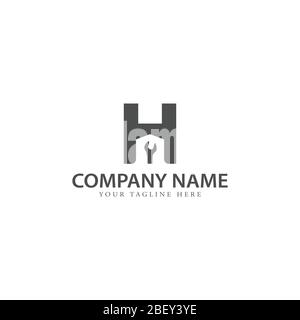 Initial letter H with wrench negative space home construction and repairing logo design vector template Stock Vector