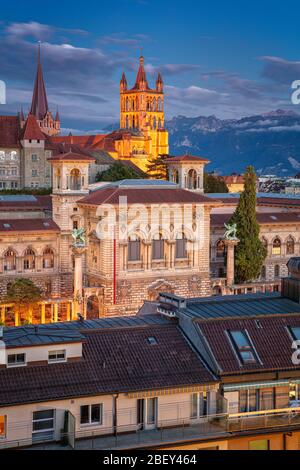 City of Lausanne. Cityscape image of downtown Lausanne, Switzerland during twilight blue hour. Stock Photo