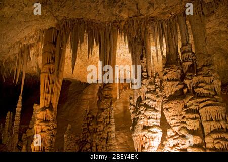 Interior of the Avshalom Stalactite Cave Nature Reserve (also called Soreq Cave) Jerusalem Mountains, Israel This cave is 82-meter-long, 60-meter-wide Stock Photo