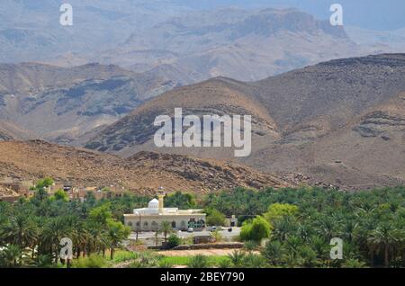 Green oasis with mosque in Jebel Akhdar mountains Oman Stock Photo