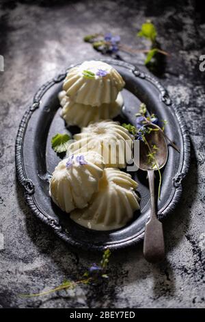 Delicious ice cream dessert.Low fat food and drink.Vintage style Stock Photo