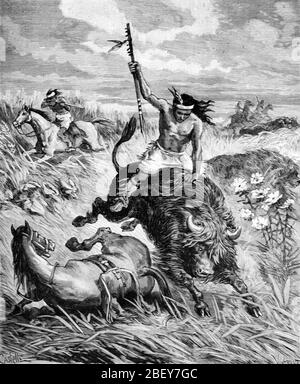 Comanche Plains Indian Hunting Bison or American Buffalo on the Great Plains United States of America USA or US. Vintage or Old Illustration or Engraving 1888 Stock Photo