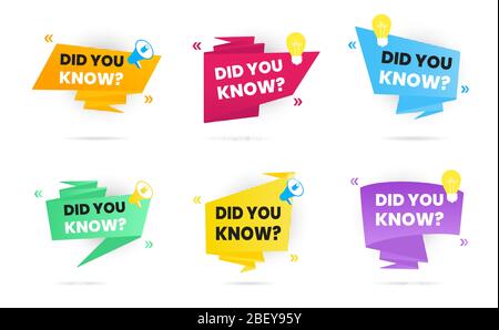 6 Big banner ribbons speech bubble with text did you know set label flat style design vector illustration isolated on white background. Interesting fa Stock Vector