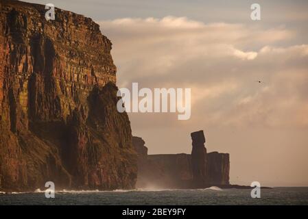 St John's Head cliffs and Old Man of Hoy, Orkney Isles Stock Photo