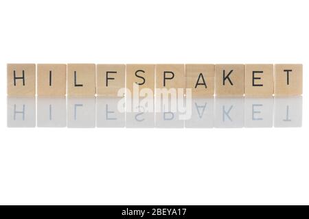 "Hilfspaket" Help Package, financial measures for states and economic areas that are in an emergency. Isolated on white background. Germany Stock Photo