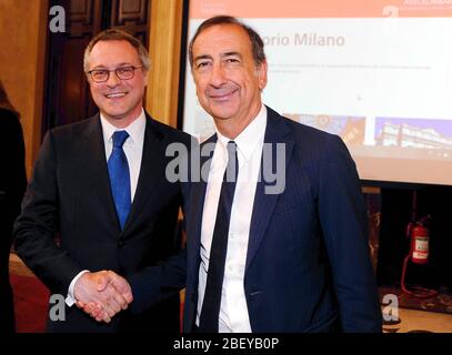 Palazzo Marino, Press Conference for the presentation of the Milan Observatory, Carlo Bonomi and Giuseppe Sala (Maurizio Maule/Fotogramma, Milan - 2018-06-25) ps the photo can be used in respect of the context in which it was taken, and without defamatory intent of the dignity of the people represented (Maurizio Maule/Fotogramma, Foto Repertoire - 2020-04-16) p.s. la foto e' utilizzabile nel rispetto del contesto in cui e' stata scattata, e senza intento diffamatorio del decoro delle persone rappresentate Stock Photo