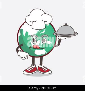 An illustration of Planet Earth cartoon mascot character as a Chef with food on tray ready to serve Stock Photo