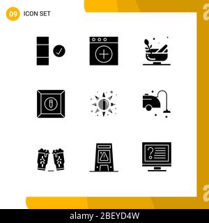 Universal Icon Symbols Group of 9 Modern Solid Glyphs of cleaner, sun, bowl, rise, product Editable Vector Design Elements Stock Vector