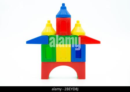 Colorful plastic building blocks isolated on the white background. Stock Photo