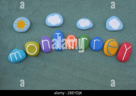Monterrey, Mexico, souvenir with multi colored stones over green sand Stock Photo