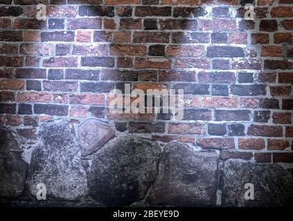 Two beautiful blue spotlights shining at an aged brick wall Stock Photo