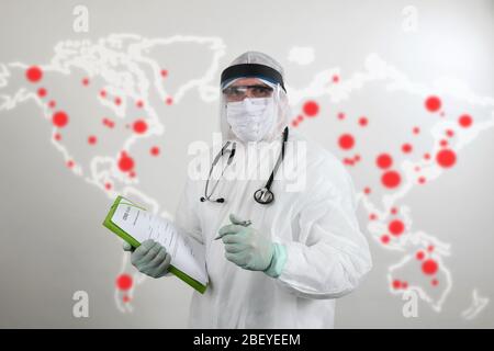 World map on the wall with red spread points around earth. Abstract image World map of Coronavirus. Wuhan China virus texture confirmed cases report w Stock Photo