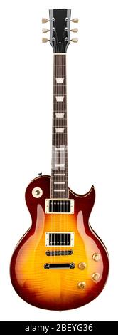 classic vintage shape hard rock electric string guitar with mapple red yellow dark brown sunburst finish isolated on white background. music jazz blue Stock Photo