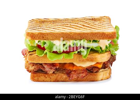 Juicy club sandwich with chicken and bacon on white Stock Photo
