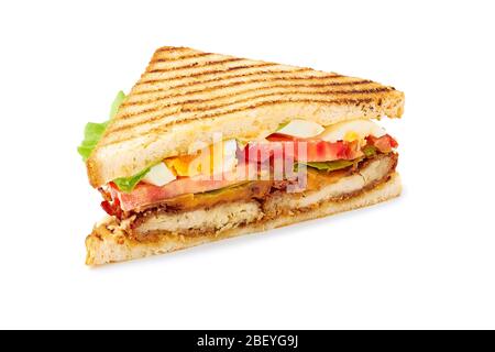 Slice of juicy club sandwich on white Stock Photo
