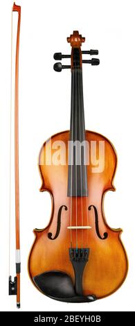 old wooden high quality retro wooden brown violin with bow music string instrument isolated on white background. classical music vintage orchestra sym Stock Photo