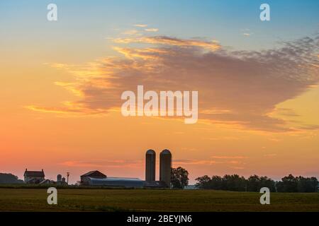 Farm buildings with silos at dawn, Wonderland Road, near London, Ontario, Canada Stock Photo